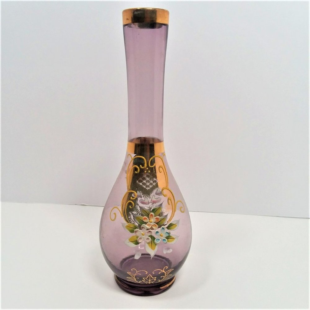 Purple Bud Vase VTG Norleans Floral Art Hand Painted Enameled Flowers Gold Trim